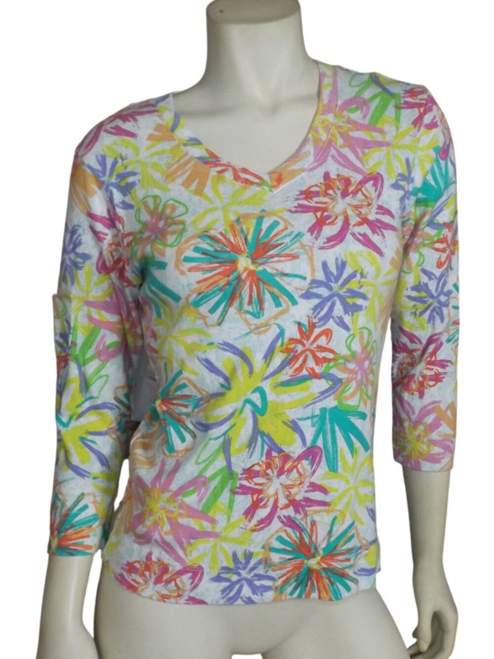 FRESH PRODUCE Top, S, Multicolor Floral, Longer sleeve w/Pocket, cotton, V-neck